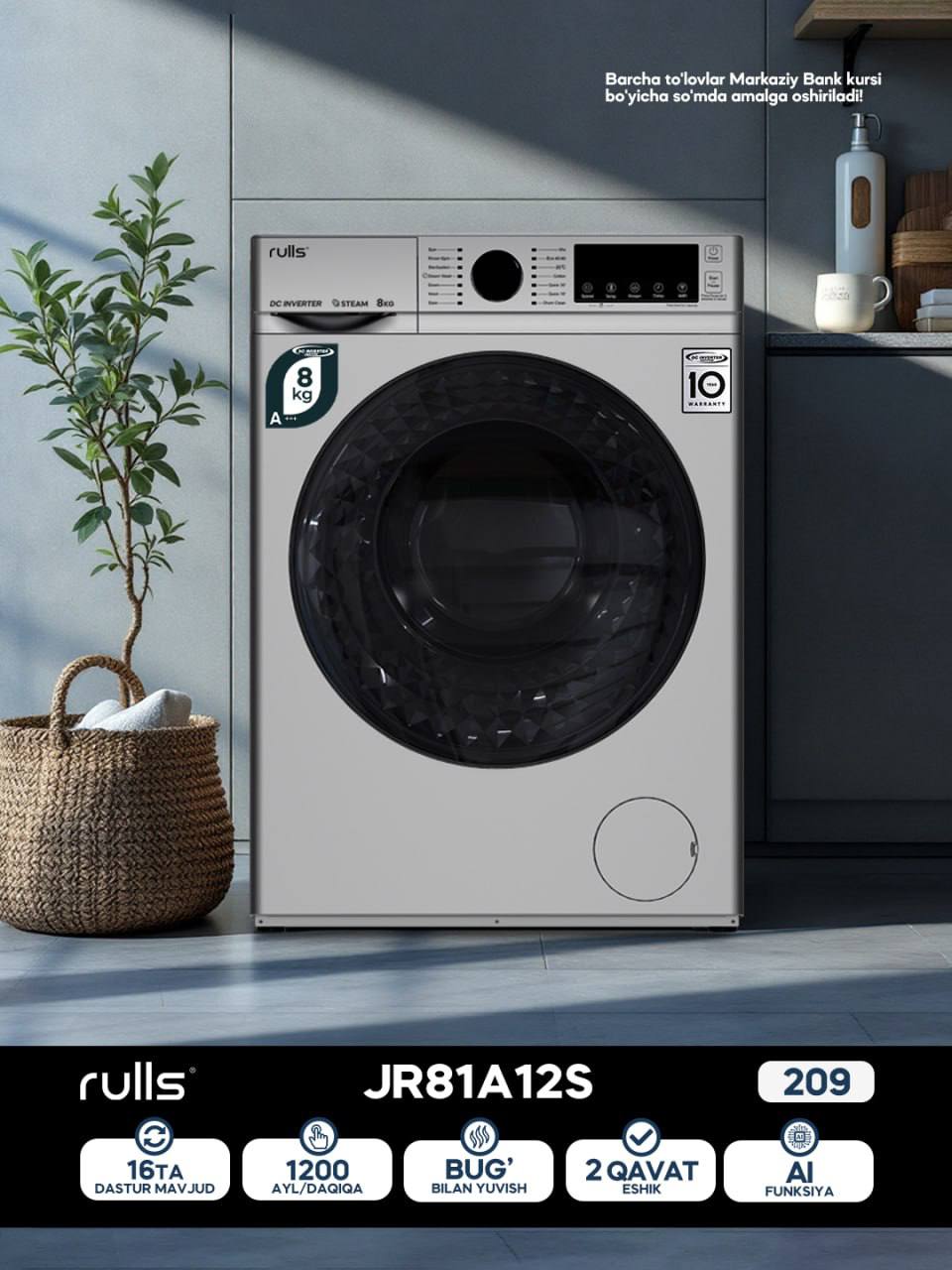 Rulls (8kg) kir yuvish mashinasi, oq