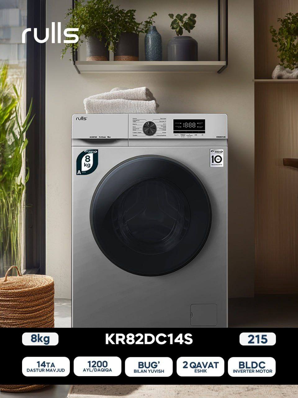 Rulls (8kg) kir yuvish mashinasi, inverter